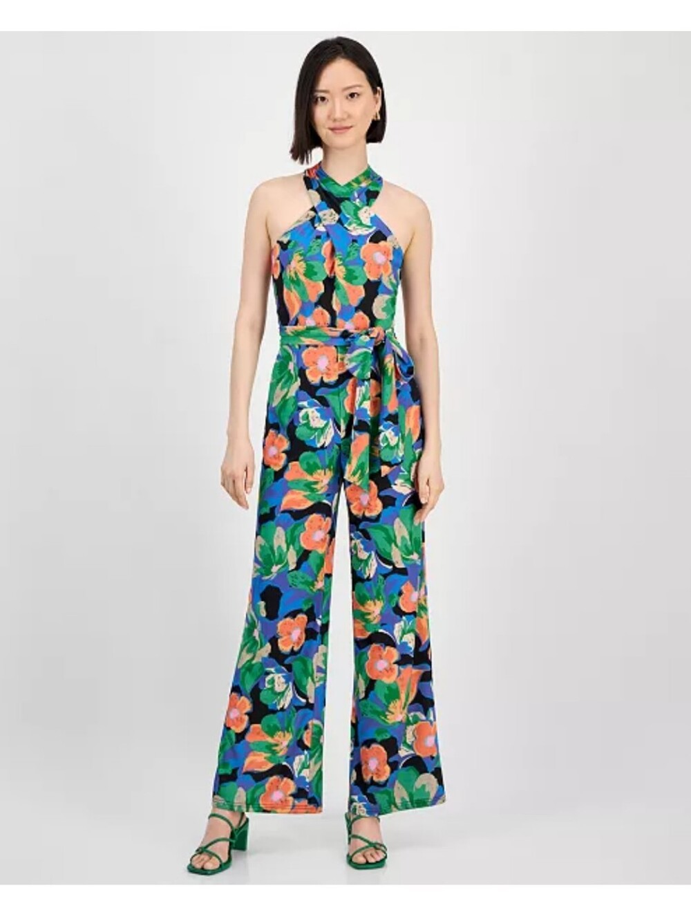 Tahari ASL NWT Twist Neck Halter Floral Jumpsuit Size 16 $149 Wide Leg Cocktail